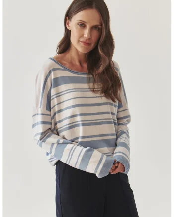 Pulover lejer din amestec de lyocell Strippi, Alb/Albastru lavanda