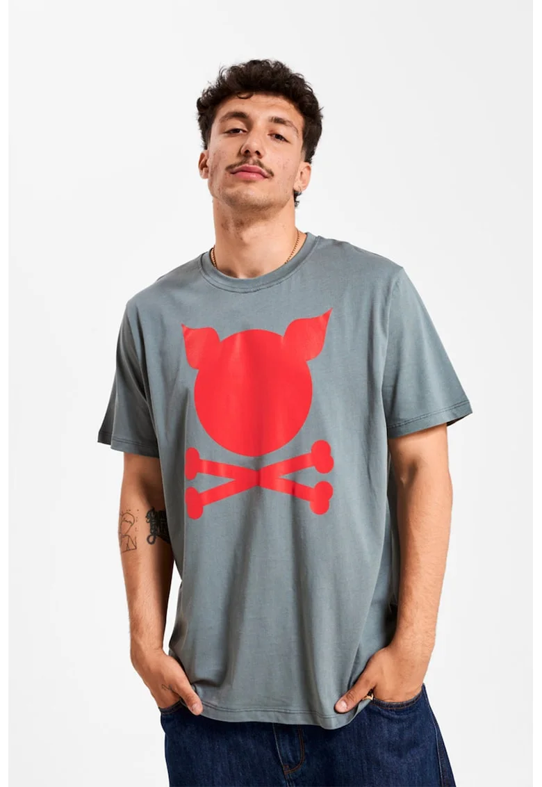 Tricou unisex de bumbac cu logo, Gri carbune/Rosu vermillion