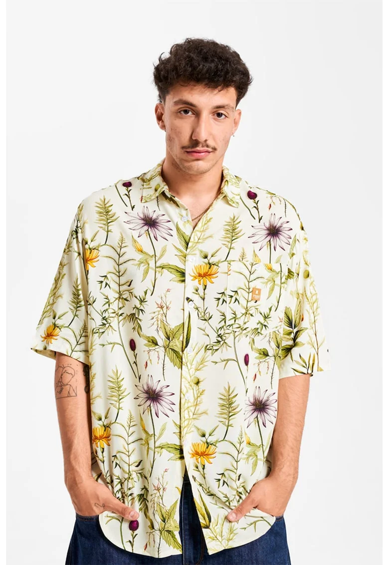 Camasa unisex supradimensionata, Alb/Verde/Portocaliu