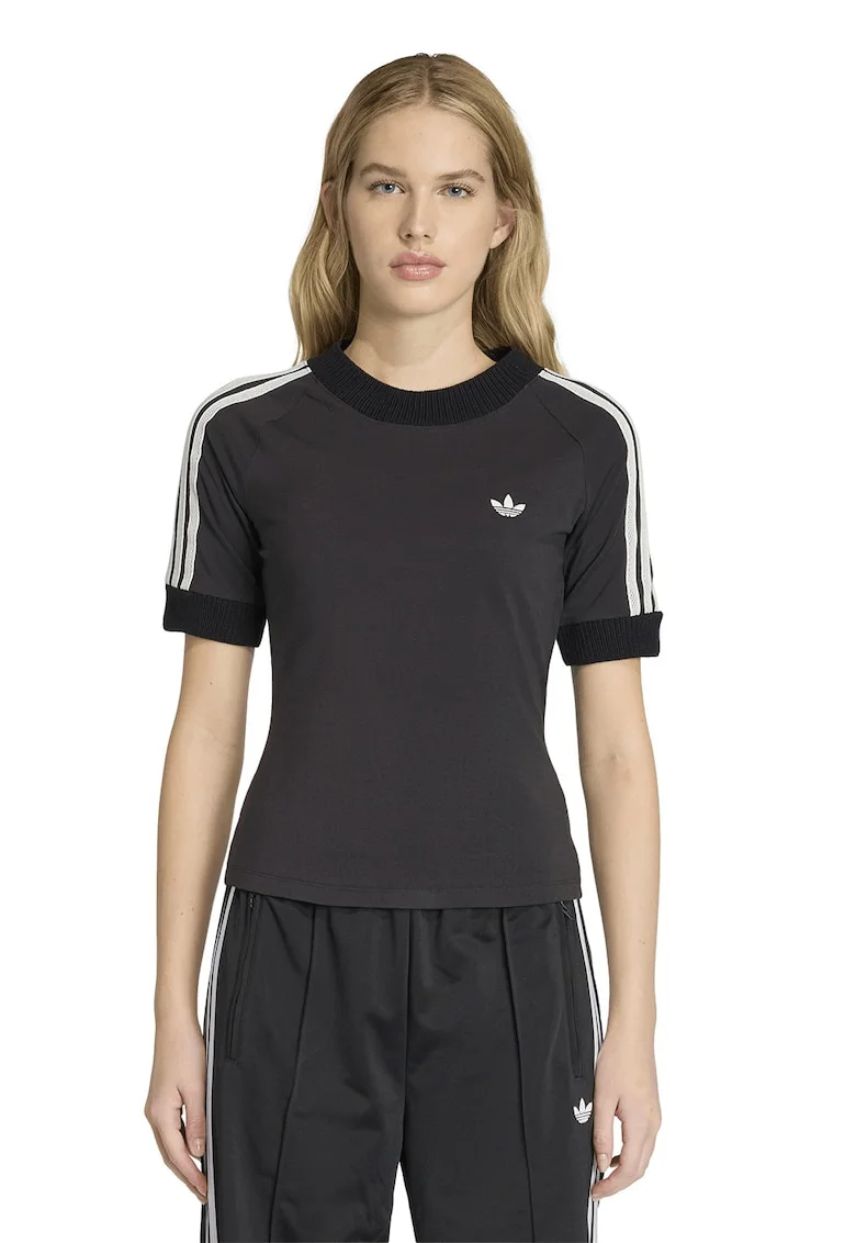 Tricou slim fit tricotat cu logo, Alb/Negru