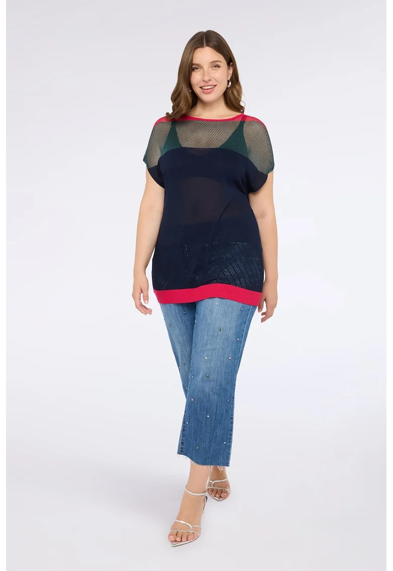 Bluza semi-transparenta cu maneci scurte, Negru/Rosu vermillion