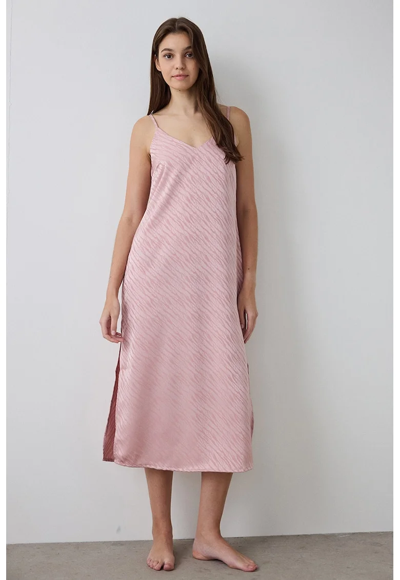 Camasa de noapte midi din satin cu model zebra, Roz somon
