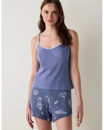 Top de pijama din bumbac, Albastru prafuit