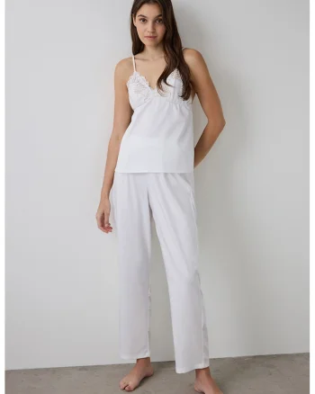 Pijama lejera cu detalii brodate, Alb optic