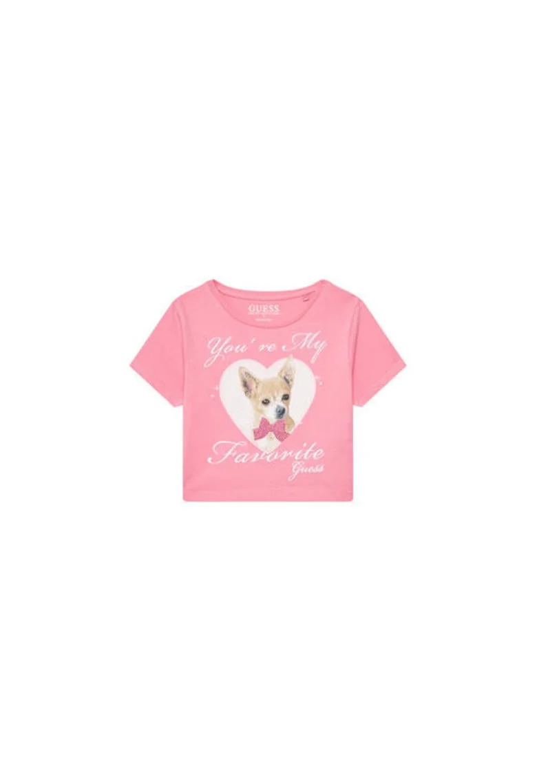 Tricou din amestec de bumbac organic cu decolteu rotund si imprimeu catel
