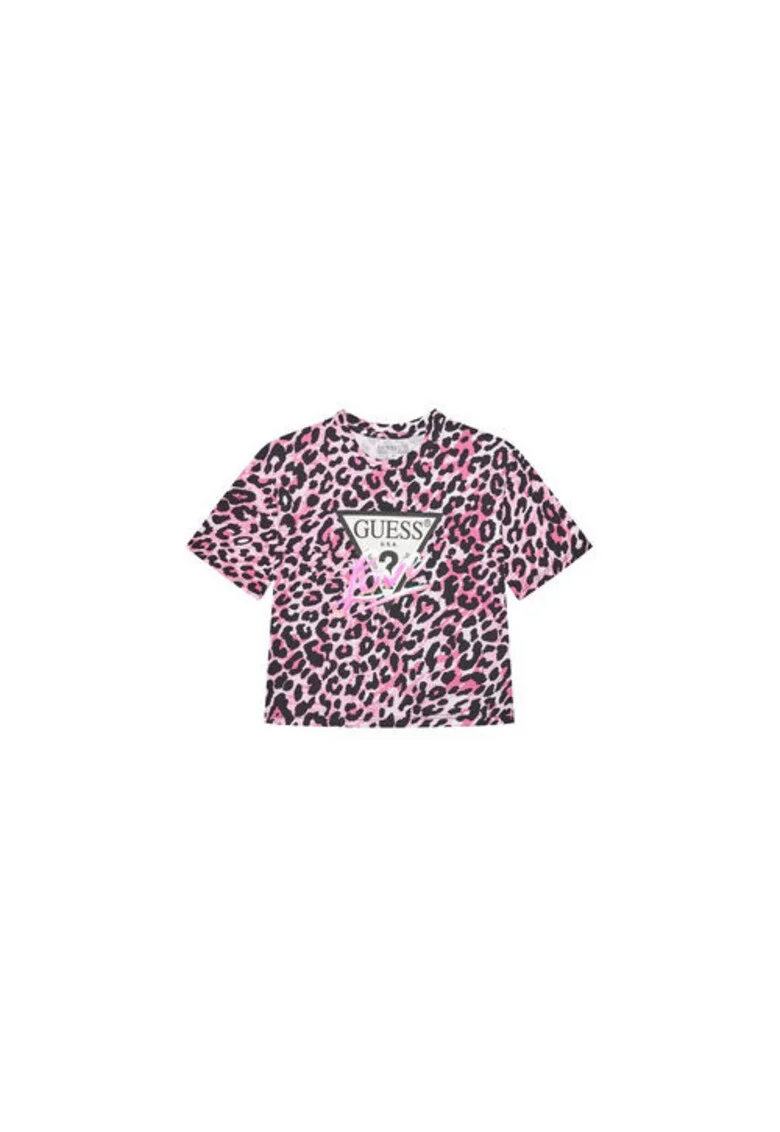 Tricou din amestec de bumbac organic cu decolteu la baza gatui si model animal print