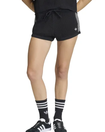 Pantaloni scurti crosetati cu talie joasa si snur, Alb/Negru