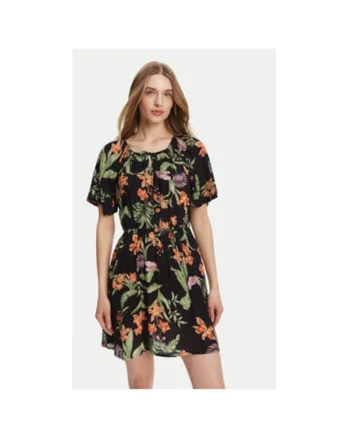 Rochie cu model floral si decolteu rotund, Multicolor