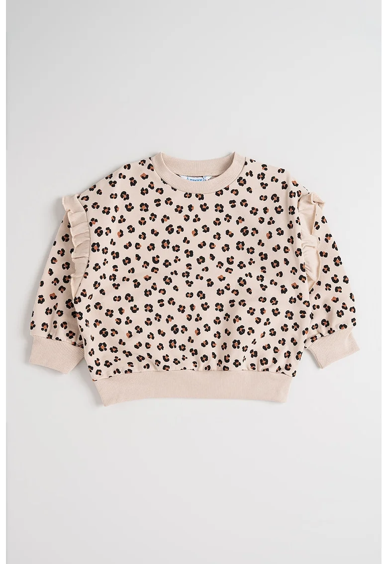 Bluza cu decolteu la baza gatului si animal print, Negru/Bej inchis