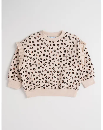 Bluza cu decolteu la baza gatului si animal print, Negru/Bej inchis