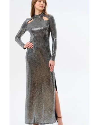 Rochie maxi cu decupaje si aspect metalizat