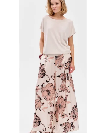Pantaloni palazzo cu model floral si talie elastica