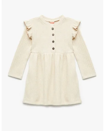 Rochie striata cu garnituri cu volane, Bej