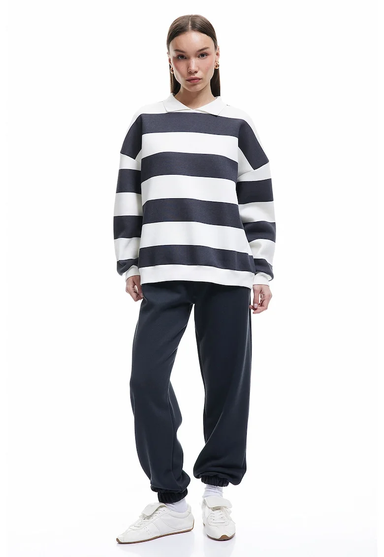 Bluza de trening supradimensionata cu guler polo, Alb/Gri antracit
