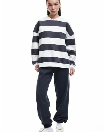 Bluza de trening supradimensionata cu guler polo, Alb/Gri antracit