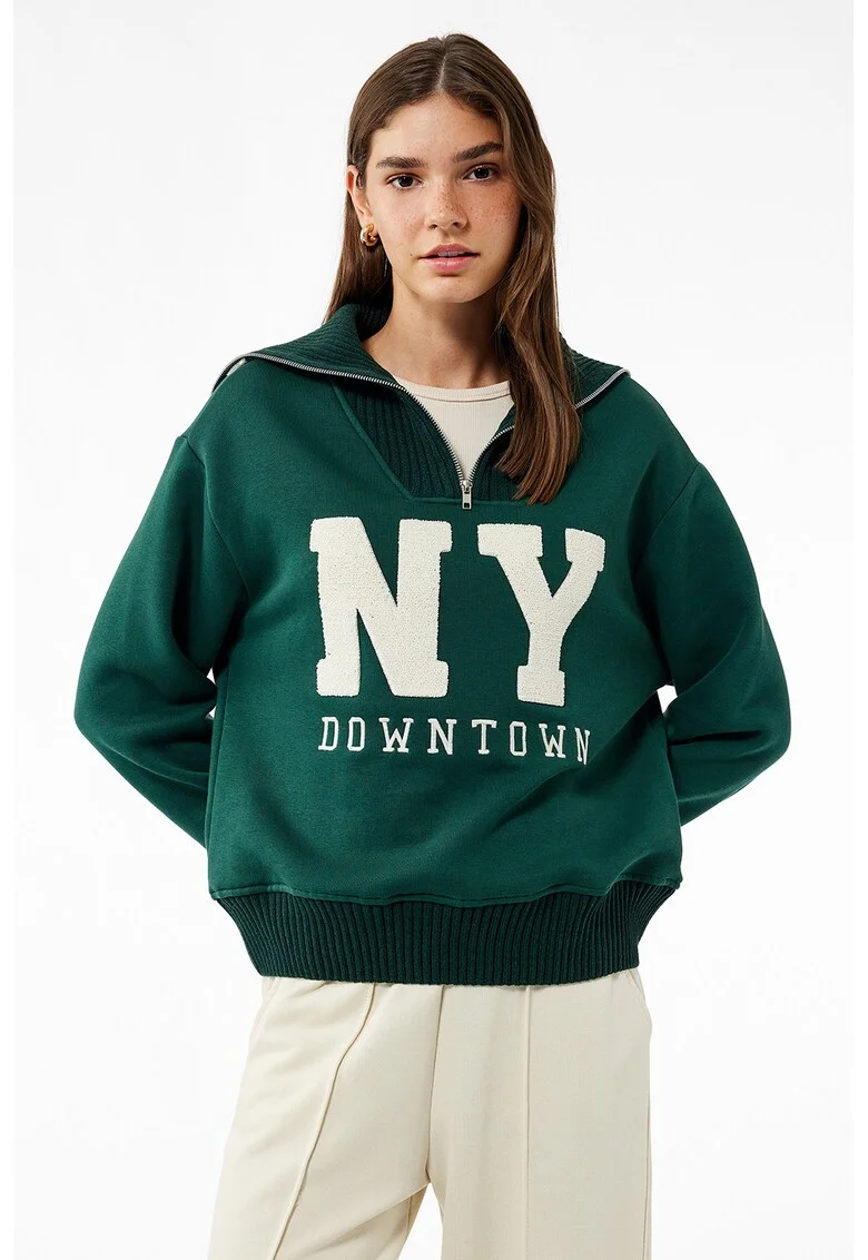 Bluza de trening cu imprimeu si maneci cazute, Verde inchis