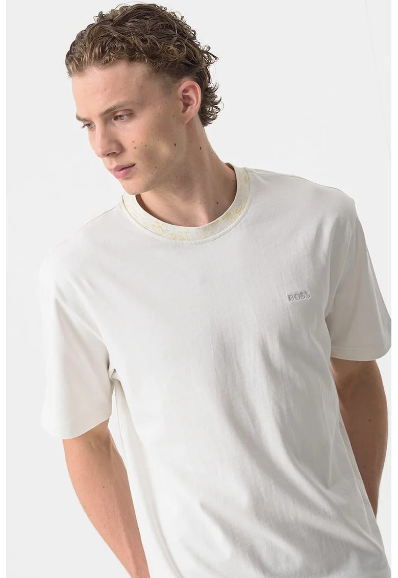 Tricou de bumbac cu decolteu la baza gatului, Galben pal/Alb murdar