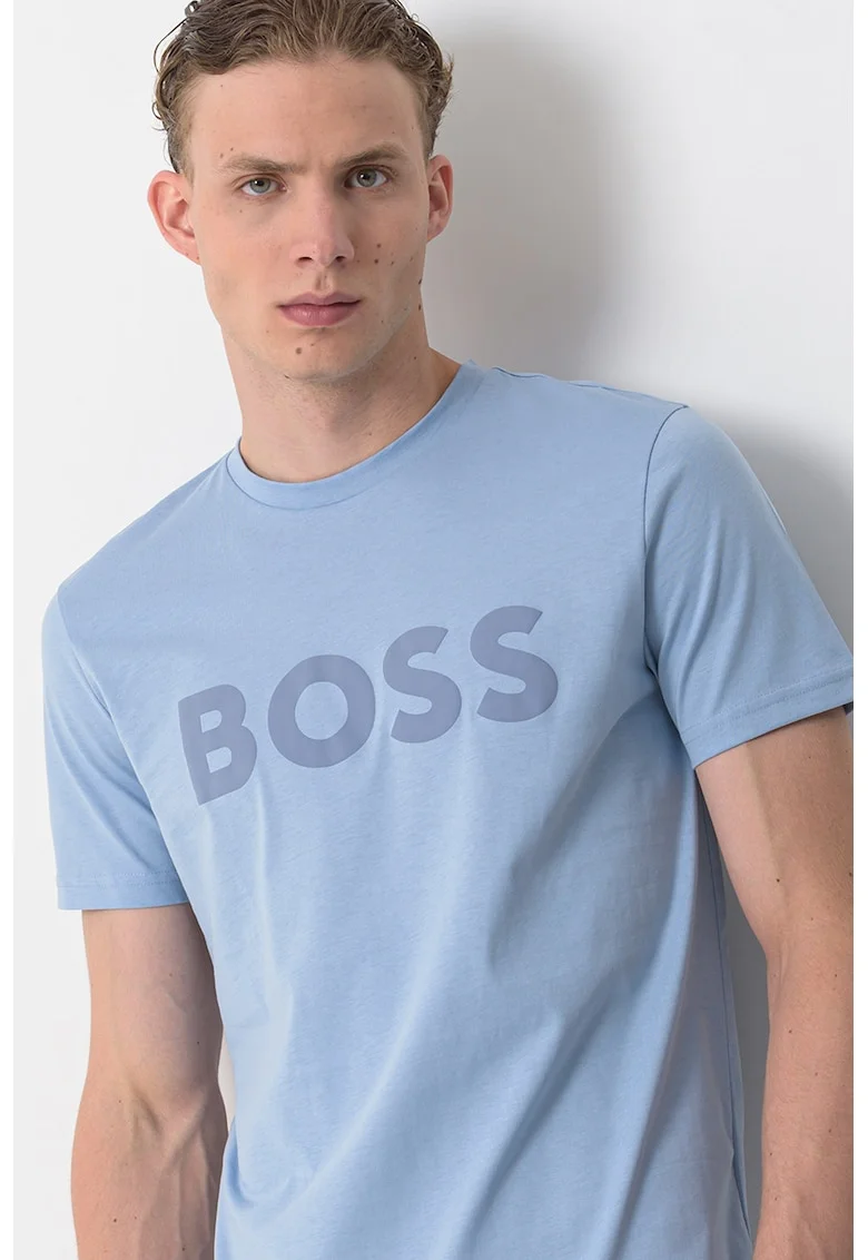 Tricou regular fit cu imprimeu logo cauciucat Thinking, Albastru lavanda/Portocaliu mandarina