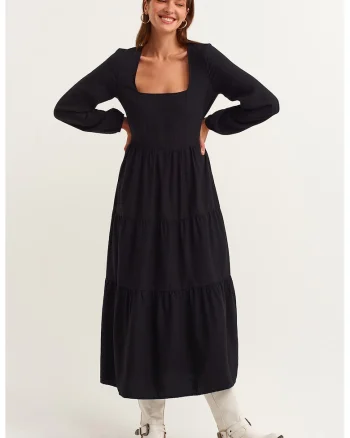 Rochie cu volane si decolteu patrat, Negru