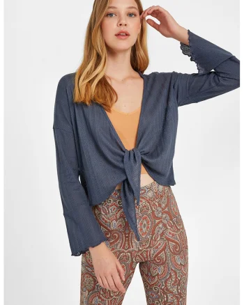 Cardigan crop cu snur frontal, Albastru prafuit