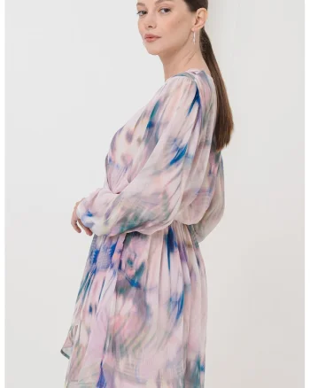 Rochie scurta cu croiala in A, model tie-dye si maneci lungi, Verde/Albastru pal