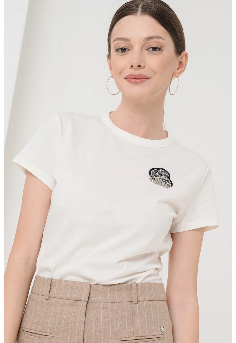HUGO, Tricou de bumbac cu imprimeu, Alb/Negru stins/Argintiu