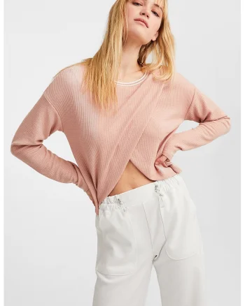 Pulover crop texturat, Roz pastel