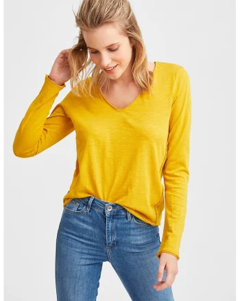 Bluza de bumbac cu decolteu in V, Galben sofran