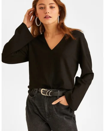 Bluza cu maneci lungi si decolteu in V, Negru
