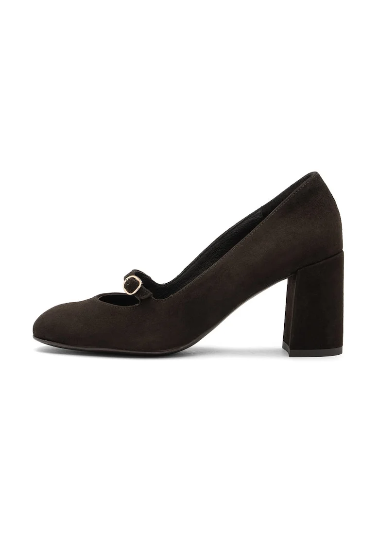 Pantofi Mary Jane de piele intoarsa cu catarama, Negru/Negru stins