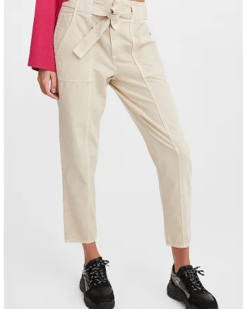 Pantaloni crop cu talie inalta, Crem