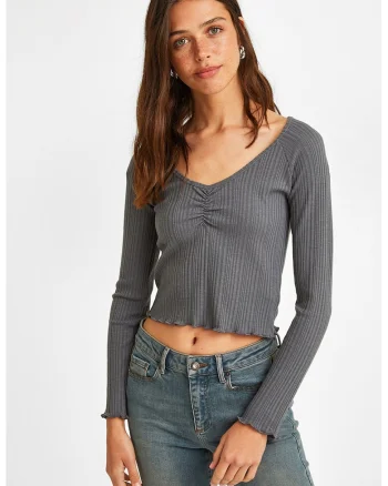 Pulover crop tricotat fin, Gri inchis