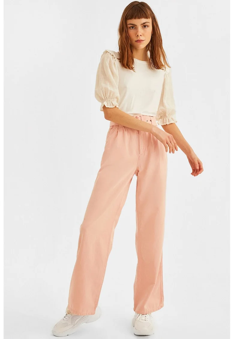 Pantaloni din amestec de lyocell cu croiala dreapta si talie inalta, Piersica