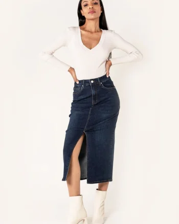 Fusta albastru inchis de denim cu slit frontal P215 M10 17921, Albastru inchis