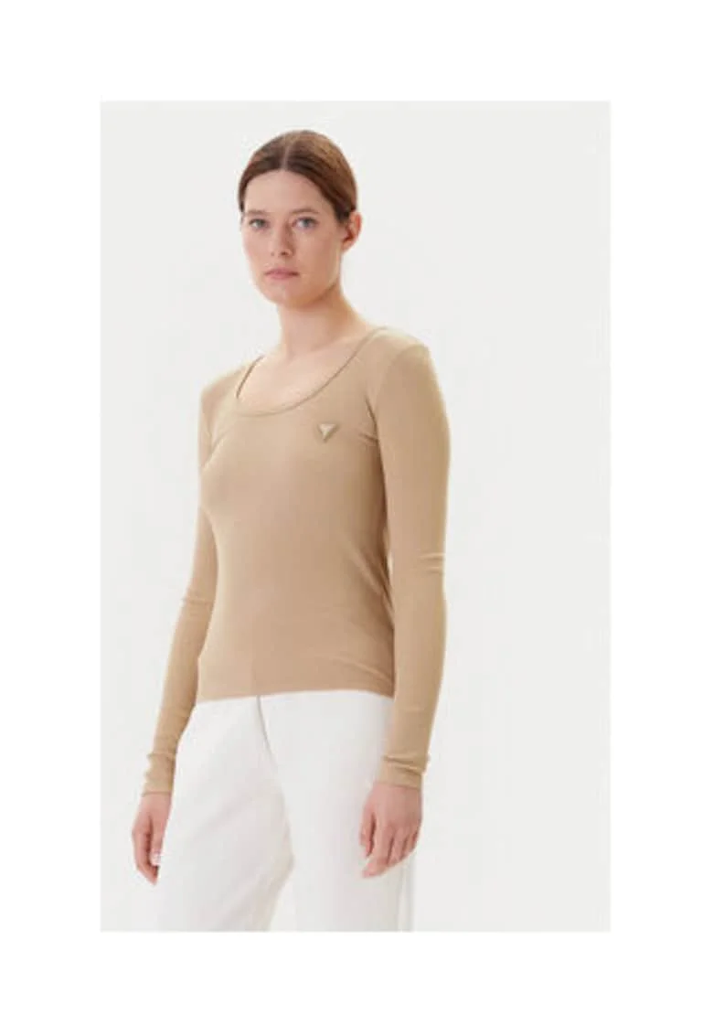 Bluza din amestec de viscoza cu striatii, decolteu rotund si aplicatie metalica discreta