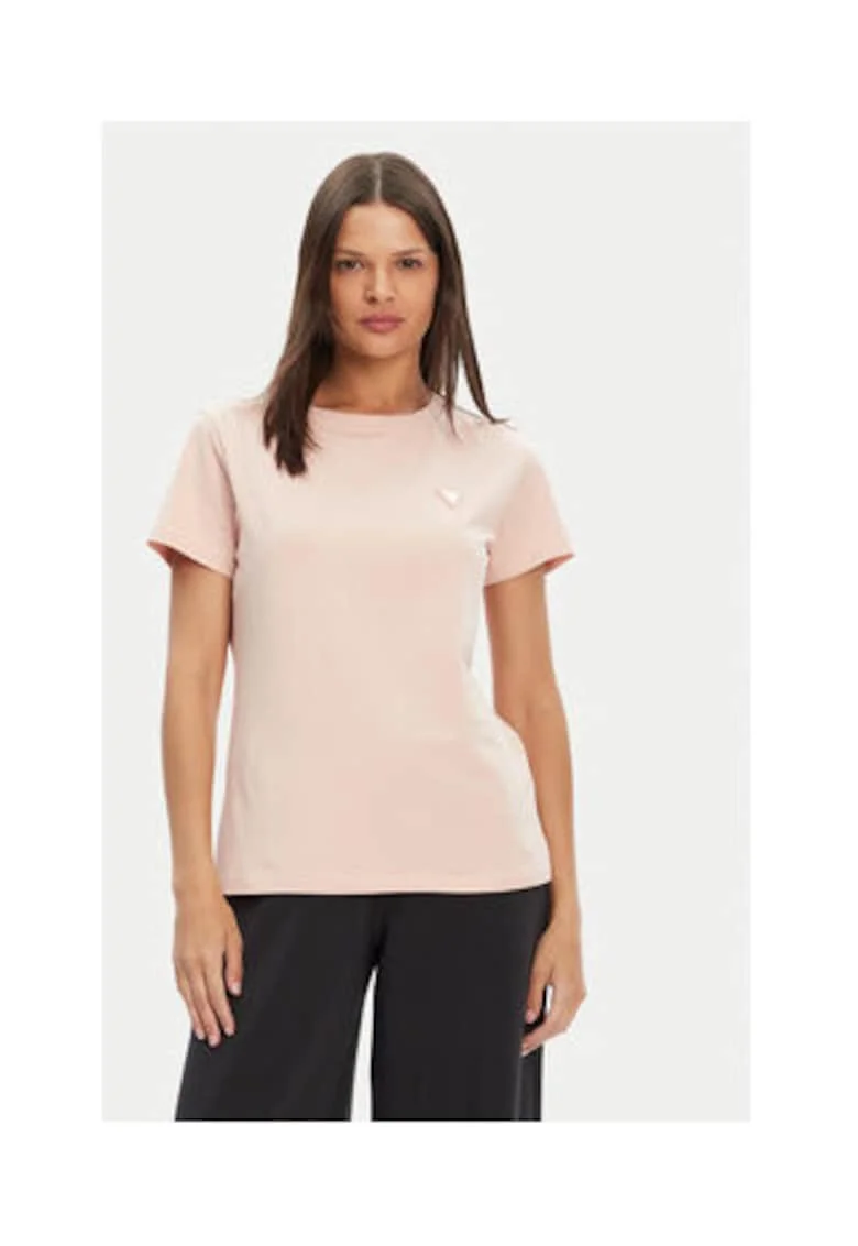 Tricou regular fit cu model uni, decolteu la baza gatului si aplicatie metalica