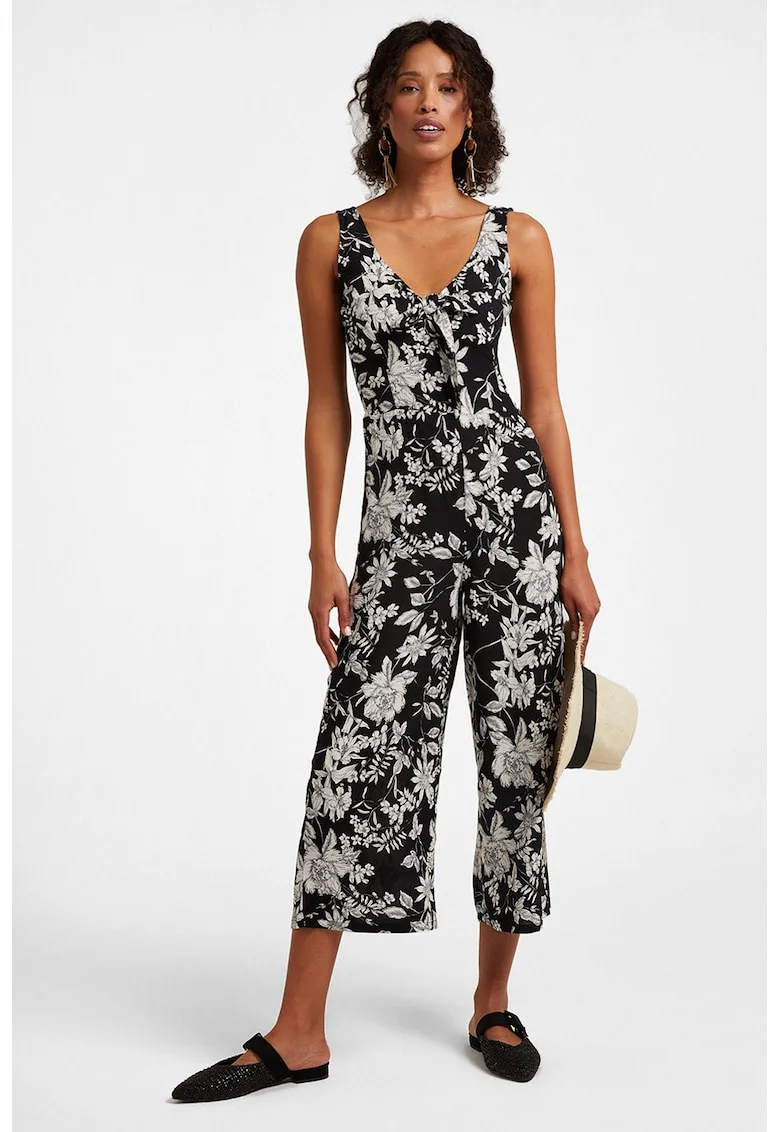Salopeta cu decolteu in V si model floral, Negru/Alb murdar
