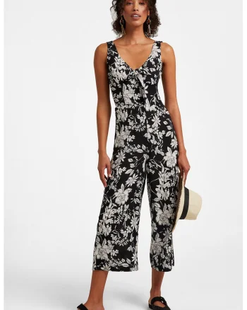 Salopeta cu decolteu in V si model floral, Negru/Alb murdar