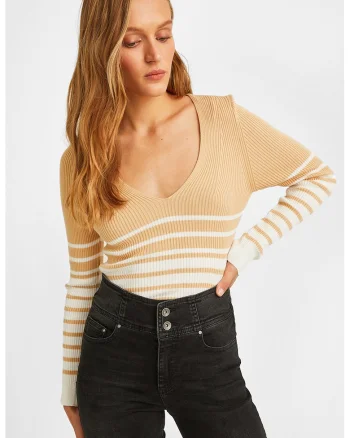 Pulover striat slim fit cu model in dungi, Alb/Bej