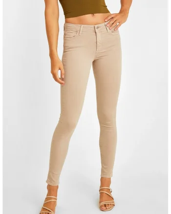 Blugi crop skinny cu talie medie, Maro nisip
