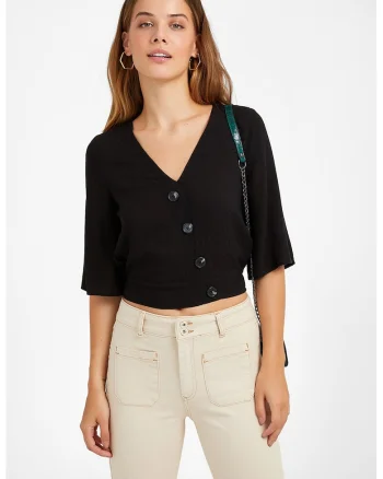 Bluza crop cu nasturi asimetrici, Negru