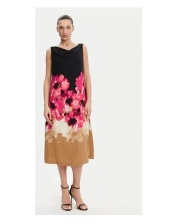 Rochie cu croiala in A, imprimeu floral, DD4KH09C, poliester, Negru/Bej/Roz