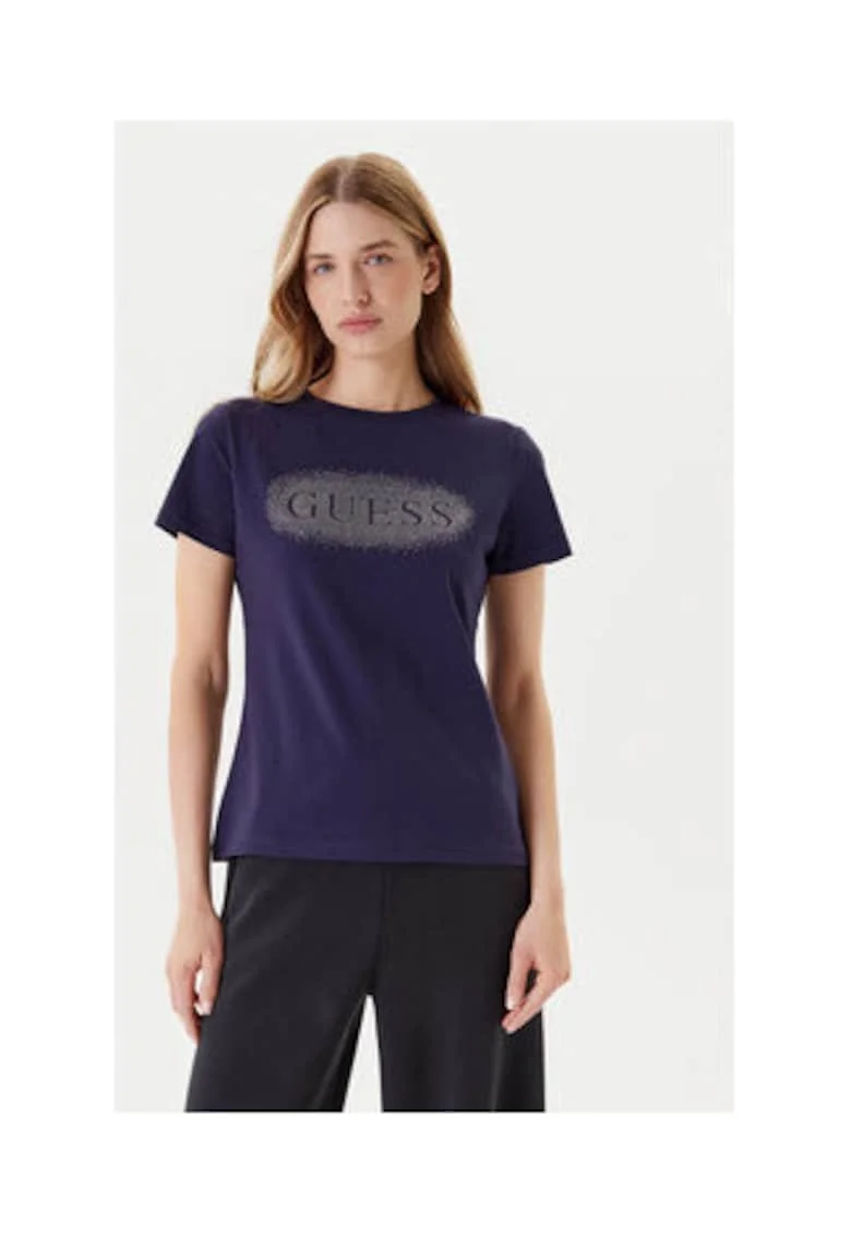 Tricou regular fit uni din amestec de bumbac cu strasuri si logo pe piept