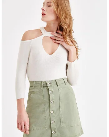 Pulover striat cu decupaje pe umeri, Crem