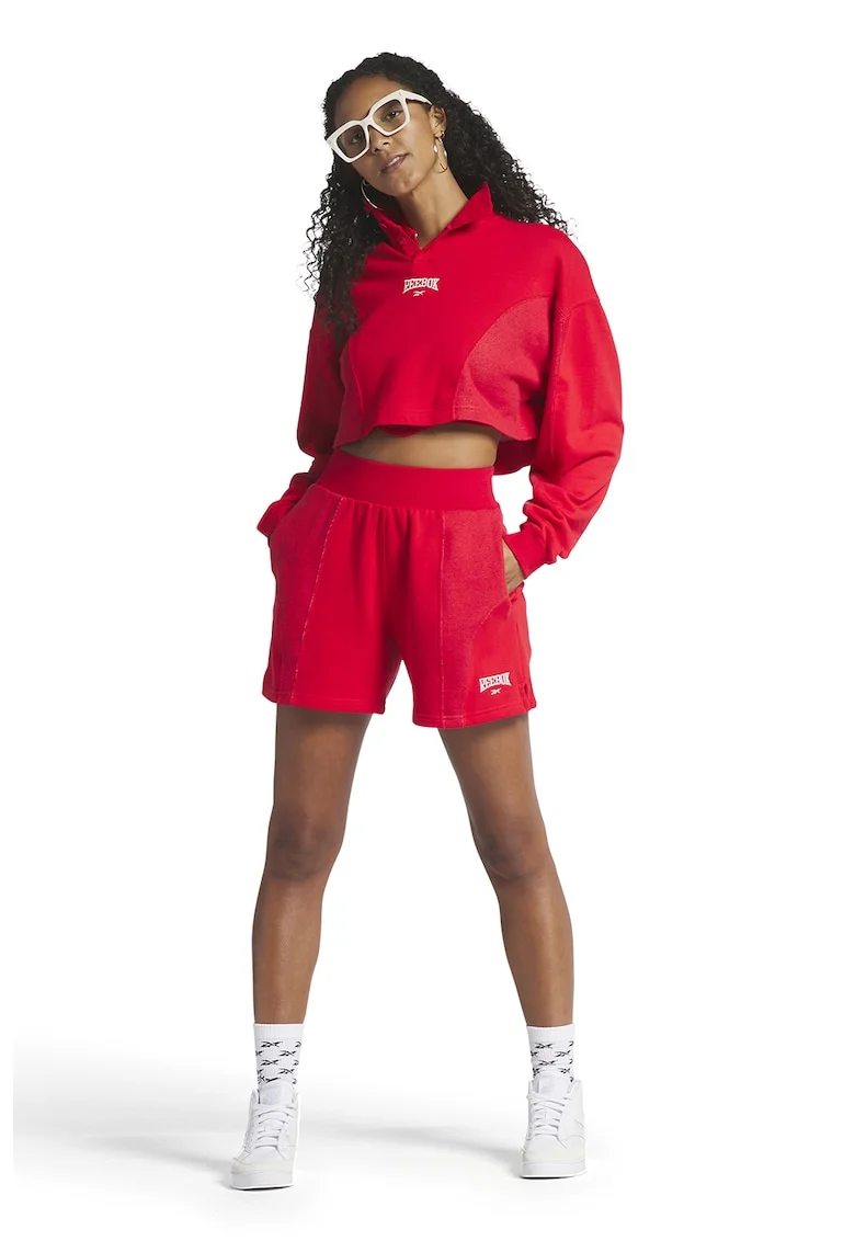 Pantaloni scurti cu talie inalta si logo brodat Varsity, Rosu