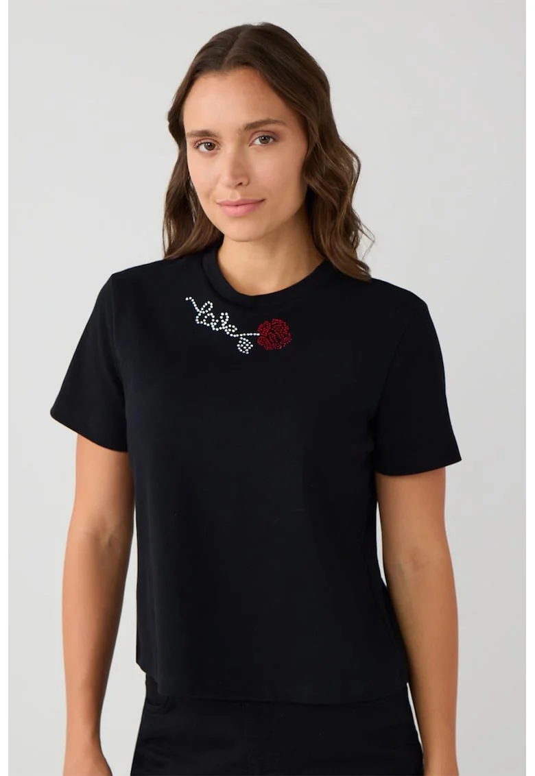 Tricou din bumbac cu decolteu la baza gatului, Negru