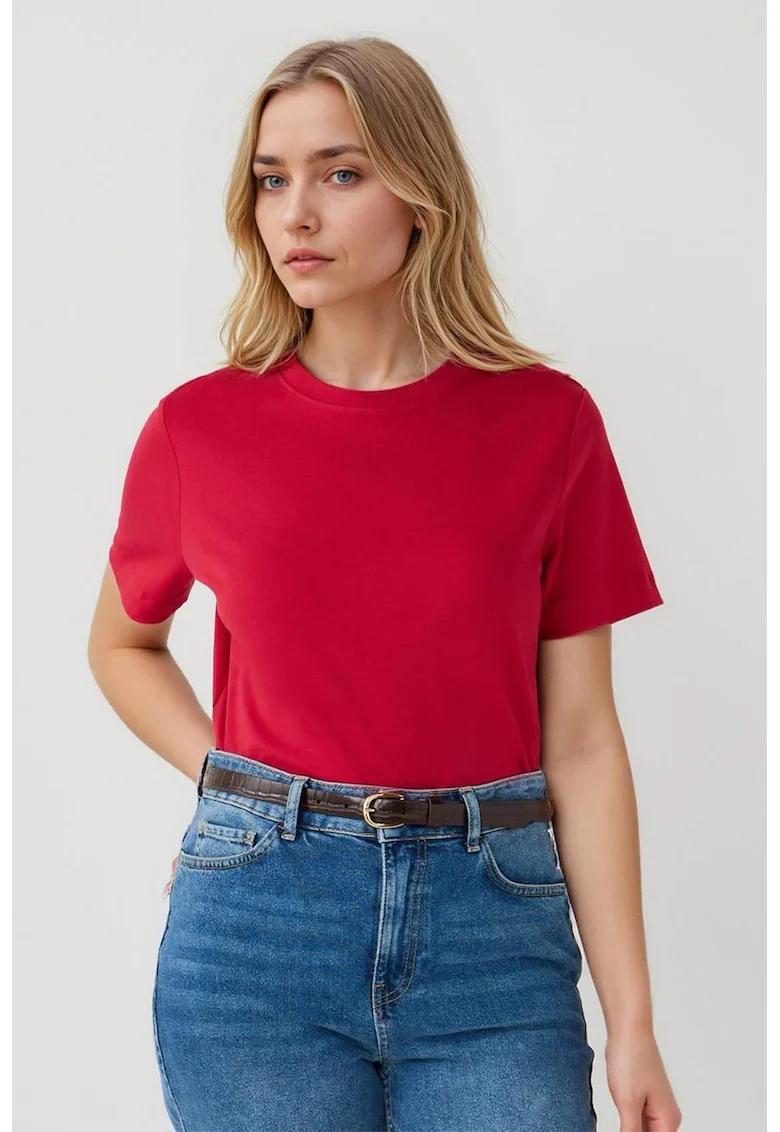 Tricou din bumbac cu decolteu la baza gatului, Rosu
