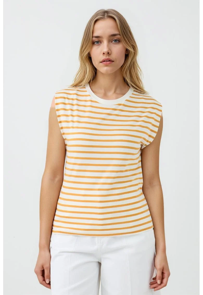 Tricou cu decolteu la baza gatului si dungi, Portocaliu/Alb murdar