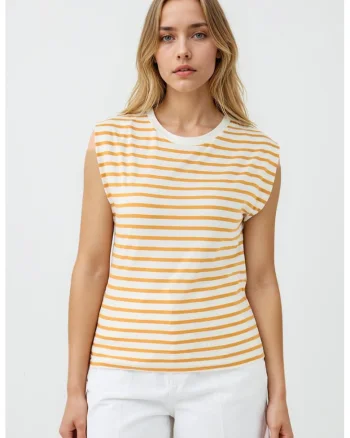Tricou cu decolteu la baza gatului si dungi, Portocaliu/Alb murdar