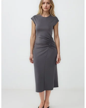 Rochie midi din amestec de modal cu pliu elastic, Gri inchis
